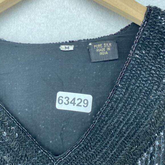 SEQUINED Blouse M Silk Crepe Fully Beaded Heavy Embellished V-Neck Vintage Black - Picture 11 of 11